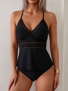 Hot Selling European American Black <b>Mesh</b> spaghetti strap <b>Two</b> <b>Piece</b> Women Swimwear Tummy Control Suit Wholesale For Bulk Order - Product Image 5