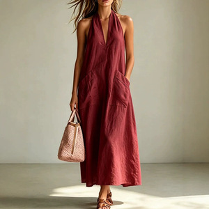 Robe longue décontractée en lin pour femme, col halter en V, sans manches, coupe ample et oversize, avec poches latérales, idéale pour les vacances - Product Image 3