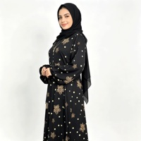 Abaya con Mangas Abullonadas y Estampado de Puntos, Motivo Floral Dorado, Ropa Modesta Musulmana Islámica, Largo hasta el Suelo, Cobertura Completa