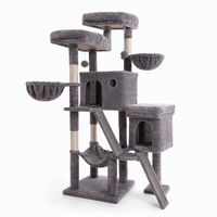 Arbre à chat gris moderne avec poteaux à gratter en sisal naturel, tissu peluche doux, tour à gratter en bois, maison de jeu robuste pour chatons