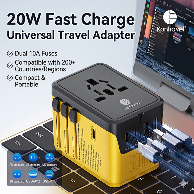 Universal Plug Multiple USB Ports 20W PD GaN Fast Travel Phone Charger Travel International Adapter With 240V -110V Voltage