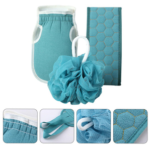 Venta al por mayor de fábrica: Juego de 3 toallas largas para limpieza de la piel, bola de ducha de fibra vegetal suave y guantes exfoliantes para el cuerpo. - Product Image 4
