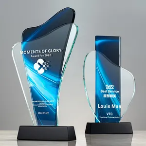 2023 Wholesale K9 Quality, Blue Star Crystal Trophy Plaques And Awards With Black Base Glass Trophy/