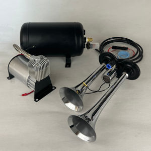 Klaxon à air, Zinc chromé, double <span class=keywords><strong>trompette</strong></span> avec compresseur pour tous <span class=keywords><strong>les</strong></span> véhicules 12V Camions Lorrys Trains Bateaux Voitures Vans - Product Image 1