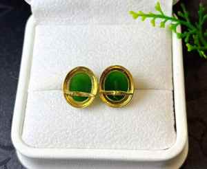 SGARIT – boucles d'oreilles en jade naturel, bijoux en or massif 18 carats, vert, taille 8x10mm, bijoux de luxe en jade, pour fête de fiançailles, pour femmes - Product Image 2