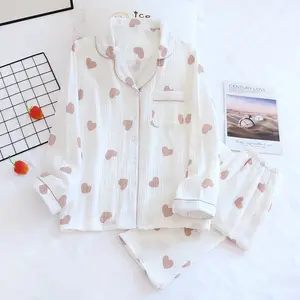 Womens Loungewear Dài Tay Áo 100% Cotton Mềm Mại Thoải Mái Đồ Ngủ Cho Phụ Nữ Thiết Lập Đầy Đủ Chiều Dài Ngủ Tim In Bộ Đồ Ngủ