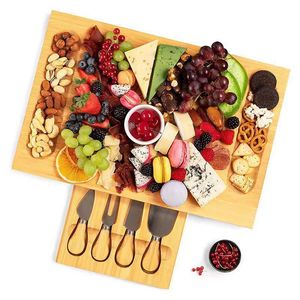 Bamboo <b>Cheese</b> Board <b>Set</b> With <b>Knives</b> Rectangular Wooden Serving Tray For Kitchen Party Snacks - Product Image 4