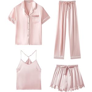 SAPJON <b>Silk</b> Pajamas <b>Set</b> 4Pcs Women Satin Sleepwear Button Down Short Sleeve <b>Cami</b> Shorts Ruffled Elegant Nightwear - Product Image 1