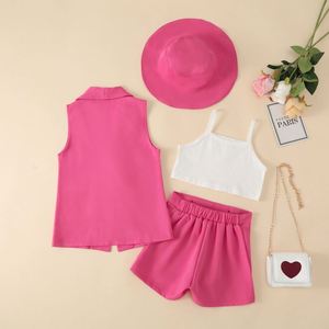 Completo <span class=keywords><strong>Estivo</strong></span> Senza Maniche per <span class=keywords><strong>Bambina</strong></span> Stile Occidentale, Giacca Rosa e Pantaloncini, Set Due Pezzi per Bambini di 6 Anni - Product Image 2