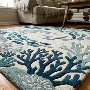 Ivory Blue School of Fish Wool <b>Rug</b> Hand Tufted Coastal Coral <b>Nursery</b> Area Carpet <b>for</b> Kids Room Bedroom Playroom Living Room - Product Image 5