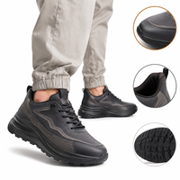 Chaussures décontractées pour hommes en cuir grainé noir moderne, à lacets, avec empiècement latéral ondulé et semelle épaisse à crampons, avec languette de traction