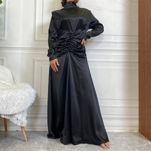 6664 #   Nouvelle robe longue tendance en satin épais et lisse, col rond, taille élastique plissée, jupe ample - Product Image 2