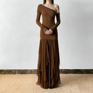 Elegante Vestido Maxi de Manga Larga con Parches de Malla para Mujer, Corte Ajustado, Dobladillo Asimétrico, Vestido de Fiesta de Noche - Product Image 5