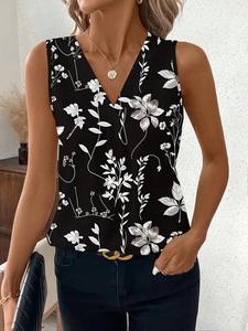 Chaleco con cuello en V para mujer de verano, camiseta sin mangas con estampado de plantas a la moda, Camiseta básica sencilla - Product Image 5