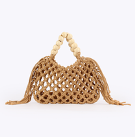 Sac fourre-tout quotidien en coton crocheté style chic coréen couleur bonbon pour femme, sac à main tissé pour la plage et les voyages avec poignée en perles de bois et pompons