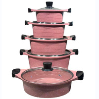 Set Panci Masak Anti Lengket 10 Buah Multi-Ukuran Kontemporer Berlapis Granit Aluminium Peralatan Masak Dapur Gagang Motif Kayu