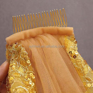 Voile de mariée chapelle 2025 avec bordure en dentelle et peigne, petite traîne cathédrale en tulle rouge et or pour accessoires de mariage - Product Image 6