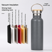 Bouteille d'eau isotherme en acier inoxydable jaune de 750 ml, gourde de sport, tasse de gym, gobelet de cyclisme, mug de voyage avec bouchon à poignée en bambou