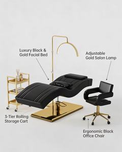 High Quality Salon Furniture Black Gold Cosmetic Salon Bed Set Luxury Modern Height Adjustable Eye Lash Bed with Chair - Product Image 4
