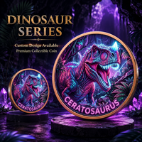Pièce de monnaie en cuivre pur 999 de 1 oz, représentant un Cératosaure de la fin de la période jurassique, en relief 3D, colorée aux UV, effet proof-like, artisanat métallique artistique de l'ère des dinosaures