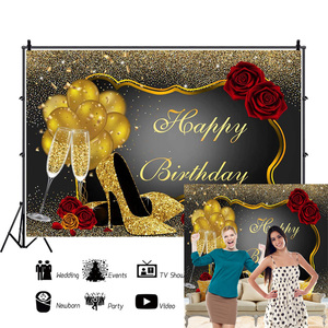 Glitter Gold Red Rose Floral Golden Globos Tacones Champagne Glass Fondo <span class=keywords><strong>para</strong></span> adultos Mujeres Decoraciones <span class=keywords><strong>de</strong></span> fiesta <span class=keywords><strong>de</strong></span> <span class=keywords><strong>cumpleaños</strong></span> - Product Image 1