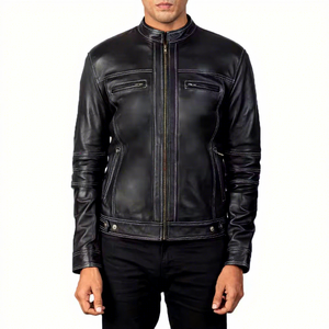 <b>Mens</b> Real Black Leather <b>Jacket</b> Contrast Stitch Band Collar Sheepskin Cafe Racer Coat Custom Vintage Winter Biker Outerwear - Product Image 1