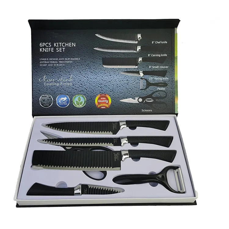 2021 جيد بيع سعر المصنع 6 قطعة أسود سكاكين المطبخ الفولاذ طاقم سكاكين من الصلب