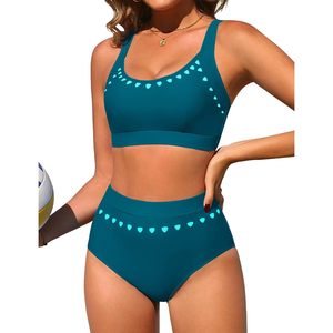 Conjuntos de bikini para mujer, traje de baño de 2 piezas con push-up, cuello redondo, cintura alta, traje de baño deportivo de secado rápido, licra y poliéster - Product Image 1
