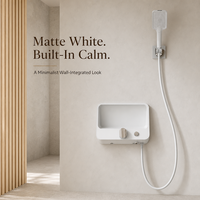 Système de douche mural blanc minimaliste avec double poignée, mitigeur en céramique intégré, étagère de rangement et jet doux effet pluie