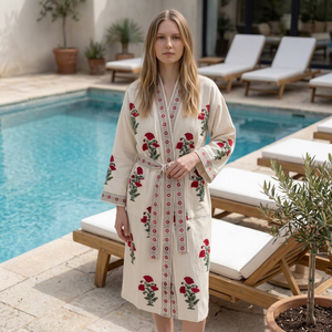 <b>Women</b> Floral Embroidered Waffle <b>Robe</b> Long Sleeve V-Neck Knee Length 100% Cotton Soft Casual Summer Dressing Gown Quick <b>Dry</b> - Product Image 1