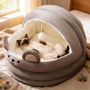 Cama de Felpa Gris para Gatos, Villa Acogedora con Juguete para Gatos y Cachorros - Product Image 4