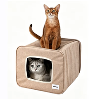 Tunnel d'intérieur pour animaux de compagnie en gros avec coussin amovible, lit-caverne carré doux et confortable en fausse toile de lin, pliable, deux-en-un, pour chat