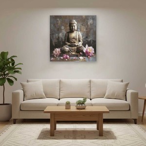 Statua di Buddha con fiore di loto, quadro su tela, dipinto a olio floreale zen religioso per l'arredamento del soggiorno - Product Image 5