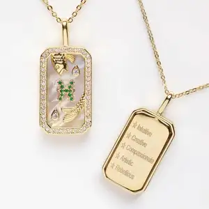 diamond birthstone 18k Gold Plated brass Pendant Necklace Jewelry Women's Square 12 Zodiac Sign Necklace