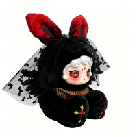 Prêt à être expédié maintenant : Peluche Lapin Noir Mengqi, Lapin Doux Noir et Rouge avec Voile en Dentelle et Ornement Chauve-souris – Cadeau Romantique pour la Saint-Valentin