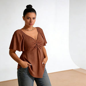 Customization Eyelet Blouse Twist Front Deep V Neck Short Flounce Sleeves Peplum Hem Breathable Crocheted Modern lady and women - Product Image 1