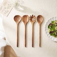 Ensemble d'ustensiles de cuisine en bois, 4 pièces : Spatule, Spatule ajourée, Cuillère à pâtes, Cuillère, Résistants à la chaleur, Sûrs pour les surfaces antiadhésives, Manche long, Naturel