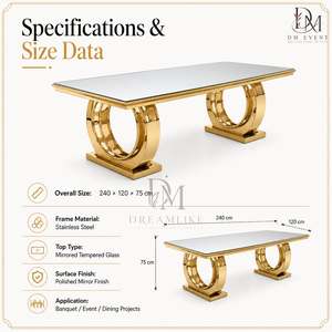 Mesa Rectangular Premium de Acero Inoxidable Dorado con Espejo y Base de Doble Anillo para Eventos, Bodas y Banquetes - Product Image 5