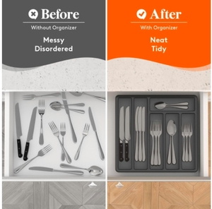 Organisateur de couverts avec couvercle, plateau à ustensiles pour tiroir de cuisine, boîte de rangement multifonctionnelle flexible en plastique PP pour cuillères et fourchettes - Product Image 4