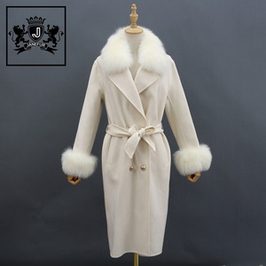 Janefur inverno tendenza vera pelliccia pelliccia di volpe cappotto in lana Cashmere con polsini in pelliccia da donna pelliccia - Product Image 3