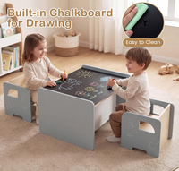 Ensemble de table et chaises pour enfants 3 pièces, tout en un, en bois, style Montessori, avec tableau noir, étagères de rangement pour la maison, l'école
