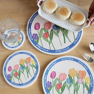 Manteles Individuales Redondos de Algodón con Estampado de Tulipanes Nórdicos, Aislantes del Calor, Lavables a Máquina, Posavasos - Product Image 3