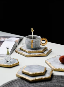 Hot Sale High Quality Hexagon White <strong>Marble</strong> <strong>Coaster</strong> with Gold Rim - Product Image 2