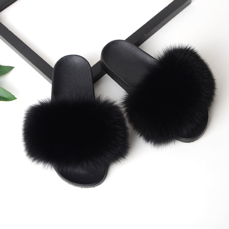 Женские шлепанцы из искусственного меха с лисьим шаром, сандалии, сланцы, тапки для женщин, меховые шлепанцы