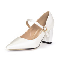 Escarpins Mary Jane en daim à bout pointu et talon carré pour femme, grandes tailles 33-42, avec boucle perlée, rouges, pour mariage et soirée