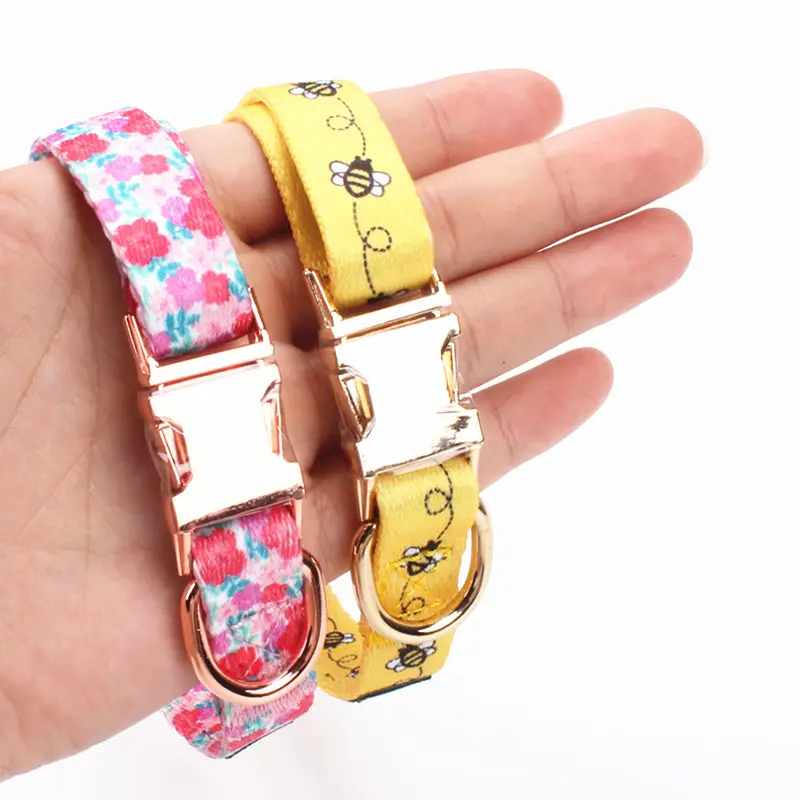 Private Label Pet Collar Products Print Design Rose Gold Buckle Adjustable Dog Collar Hardware Custom for teddy bear small dogs