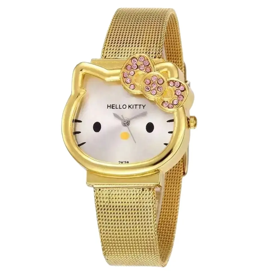 Lovely Children Cute Cartoon Kitty Crystal Kid's Milan Mesh Magnet Golden Watch Student Beautiful Bracelet For Girls