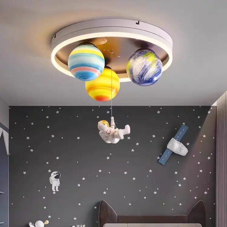 Lámpara de techo de estrella de astronauta para habitación de niños, lámpara redonda de personalidad para candelabros de dormitorio de niño y luces colgantes