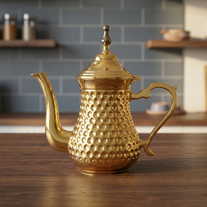 กาน้ำชาทองเหลืองแบบตะวันออกพร้อมฝาและหูจับ ลวดลายตกแต่งสวยงาม - Product Image 6