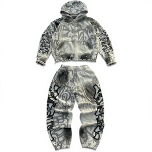 Unisex Streetwear Tracksuit Full Sleeve Hooded Zipper Sweatshirt Pants <b>Set</b> Digital Print 100% Cotton Winter Solid Loose Fit - Product Image 4